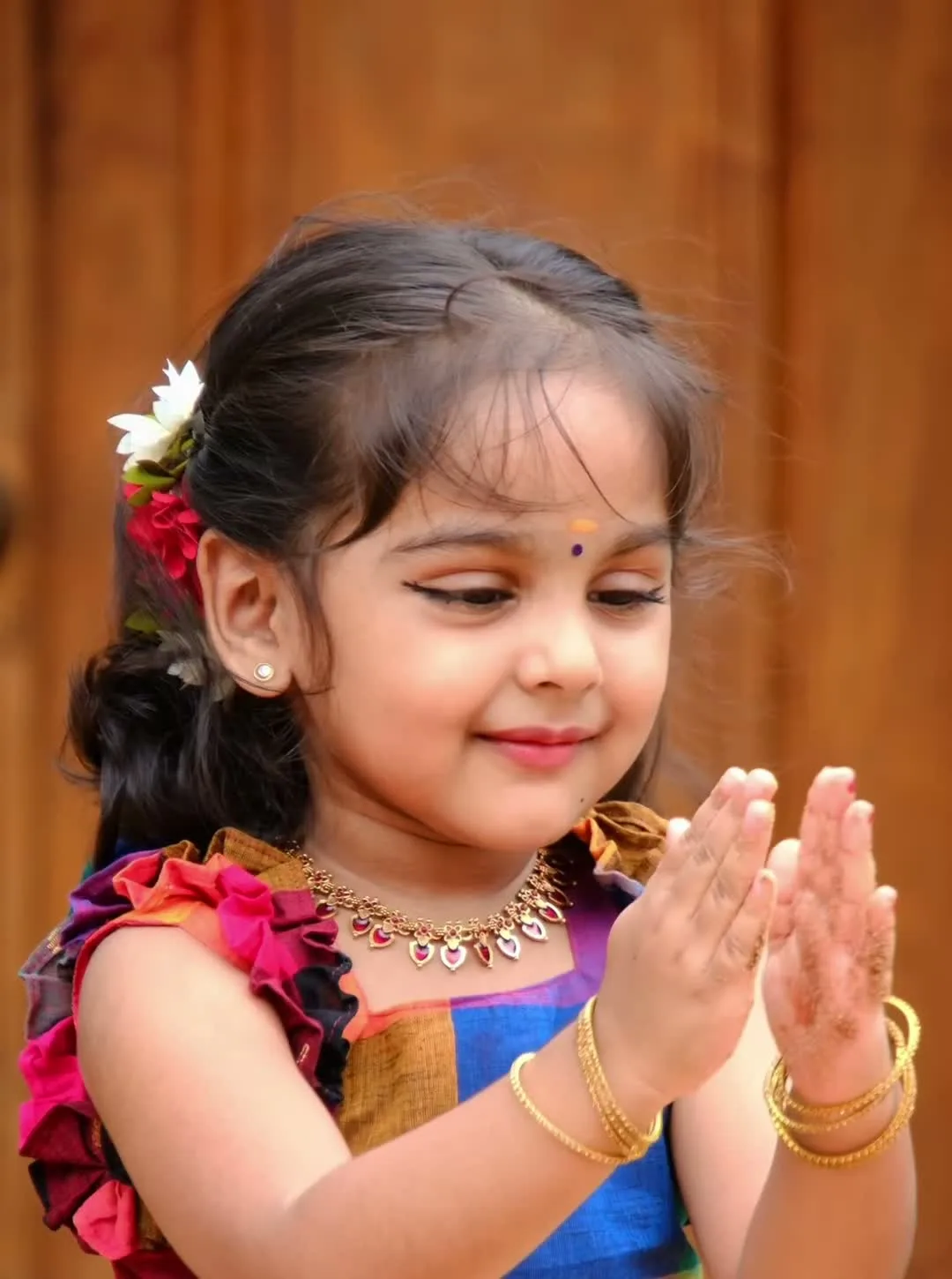 Gautami Gokul — Full length, standing — the full flare of the pavadai to the floor