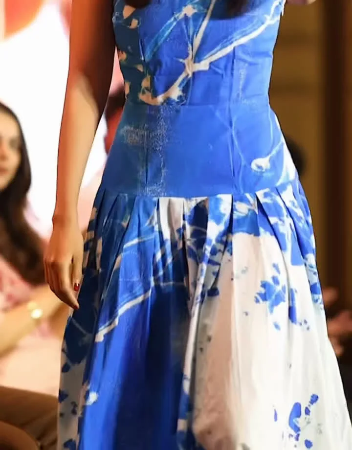 Kalyani Priyadarshan — The dropped waist in detail — where the blue bodice ends and the white-dominant skirt takes over