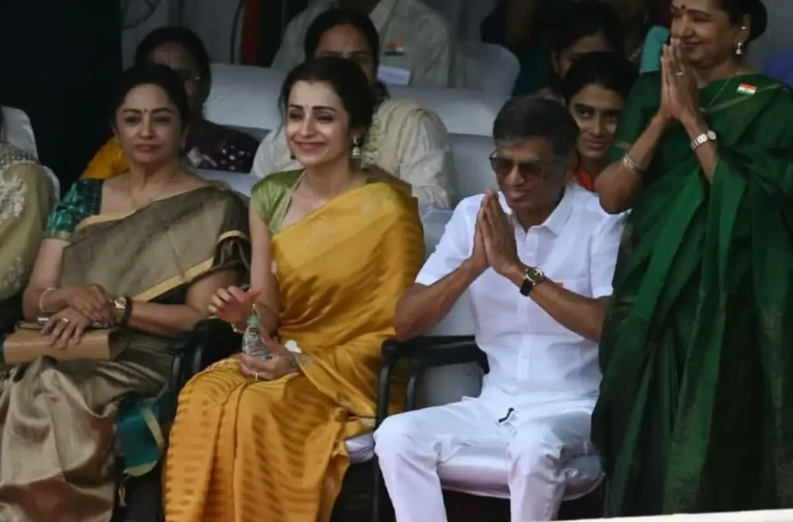 Trisha Krishnan — In the guest rows at the ceremony — the drape as it reads from a distance, flat and borderless