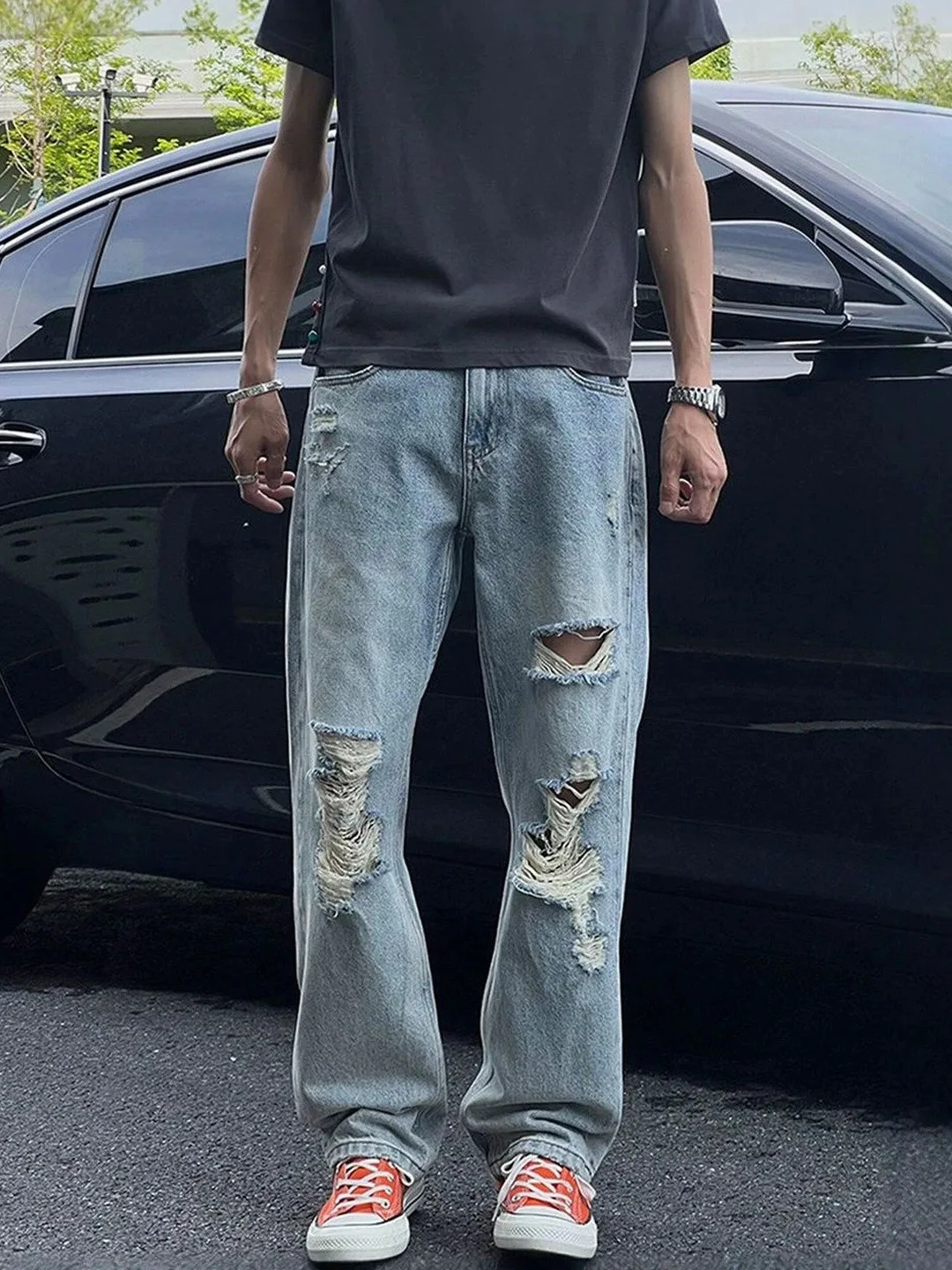 Bleached light-wash ripped straight jeans