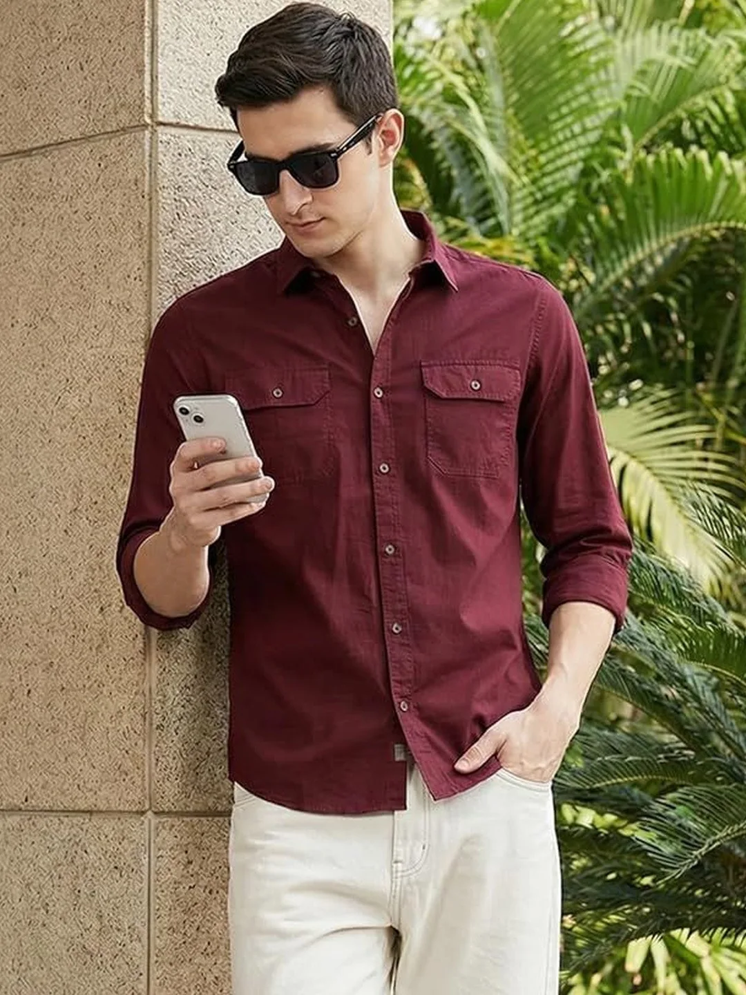 INDOPRIMO Rose-maroon double flap-pocket casual shirt