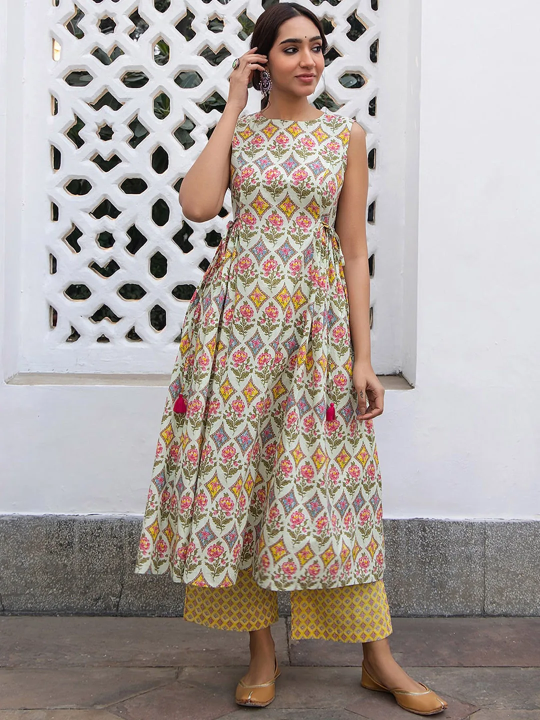 Sage ethnic-motif pleated A-line kurta with matching trousers