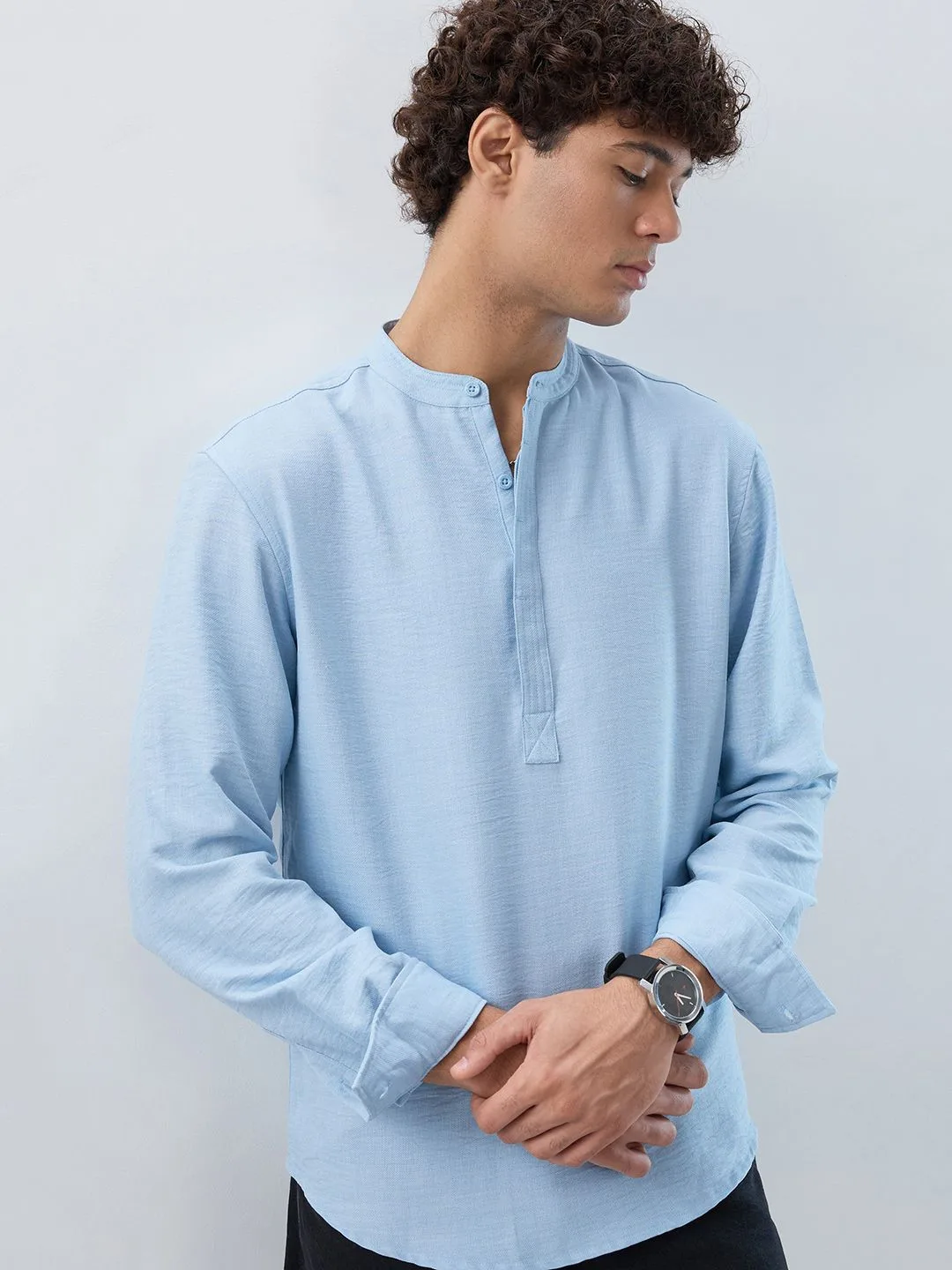 HERE&NOW Slate-blue collarless half-placket shirt