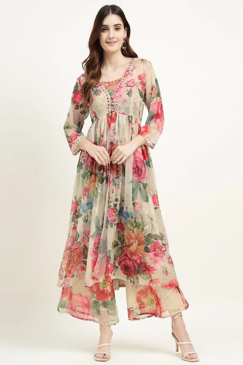 Printed Chiffon Kurta — the three-piece set, with palazzo and dupatta