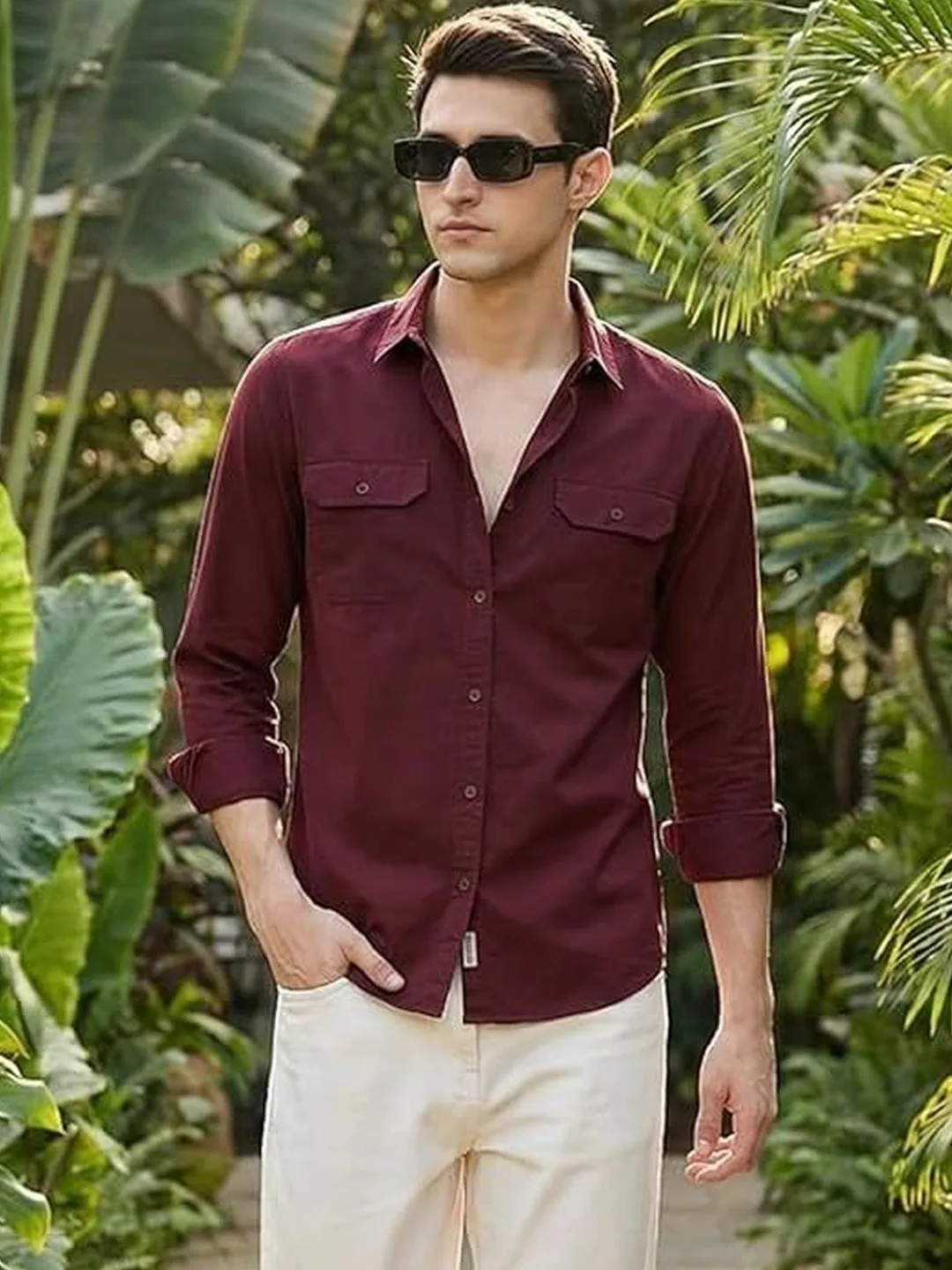 INDOPRIMO Rose-maroon double flap-pocket casual shirt