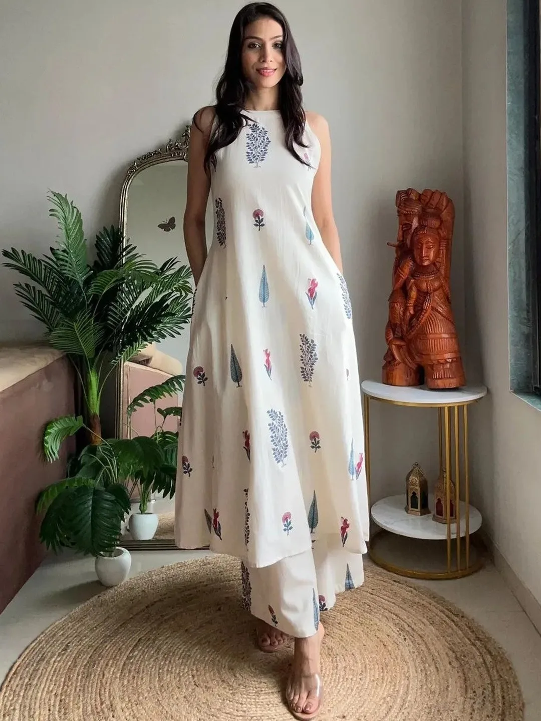 Keitra Our pick under ₹700 — off-white sleeveless printed cotton kurta with palazzos