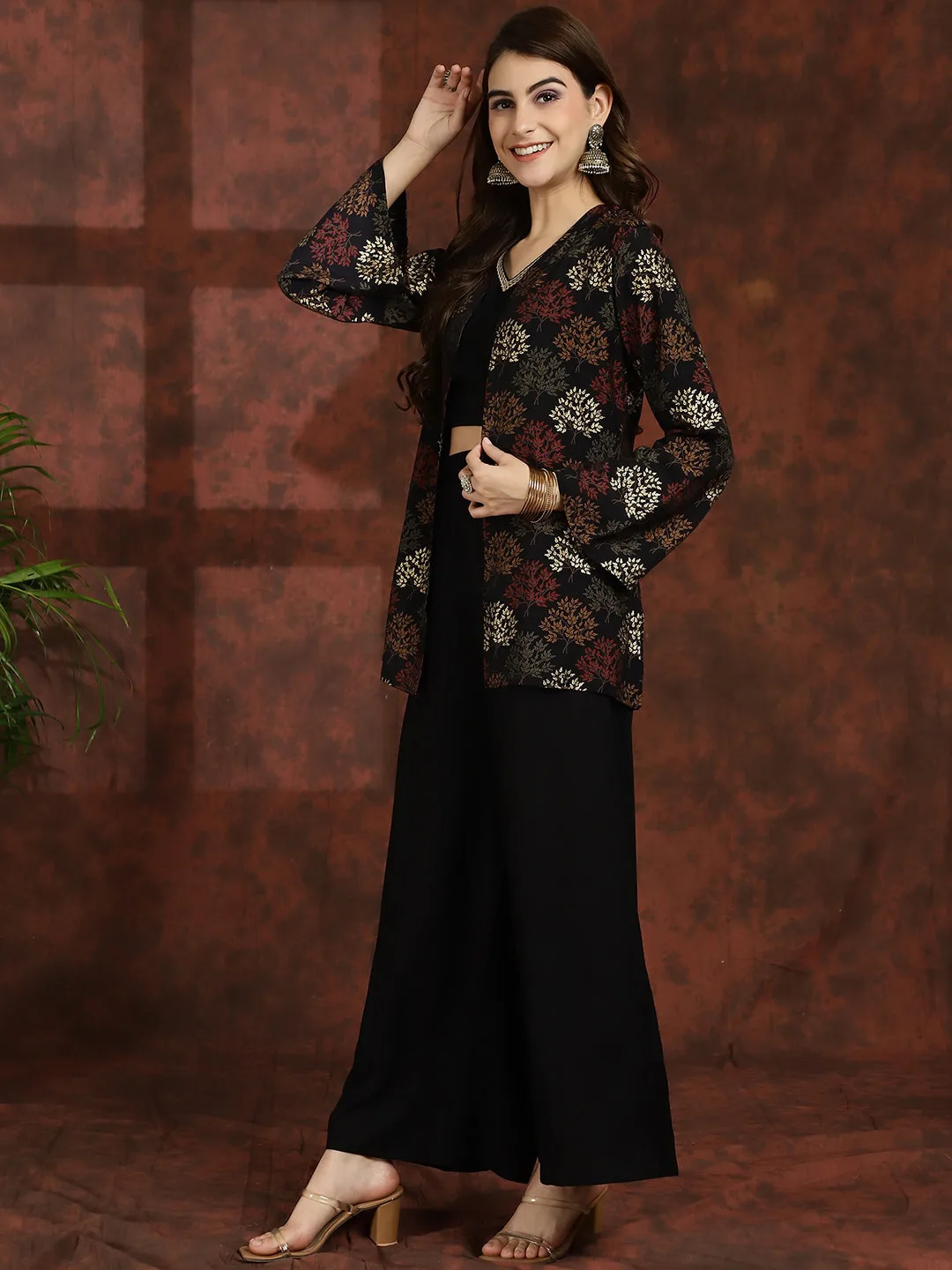 Claura Black floral 3-piece jacket, crop top and palazzo set
