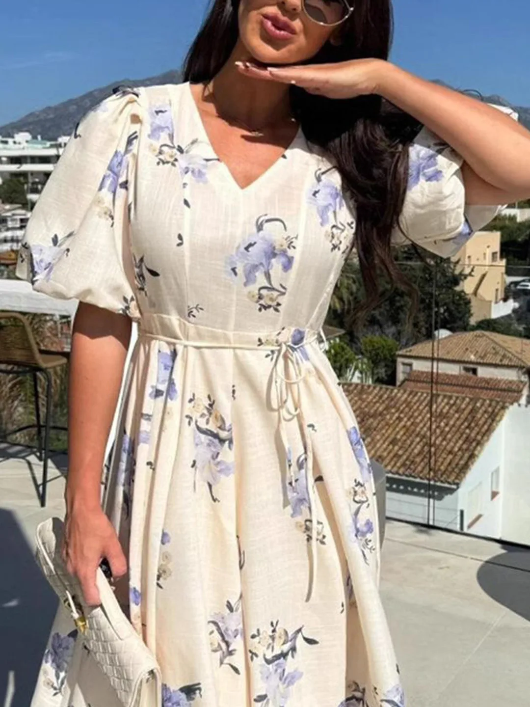 Mast & Harbour Cream midi dress with blue watercolour blooms