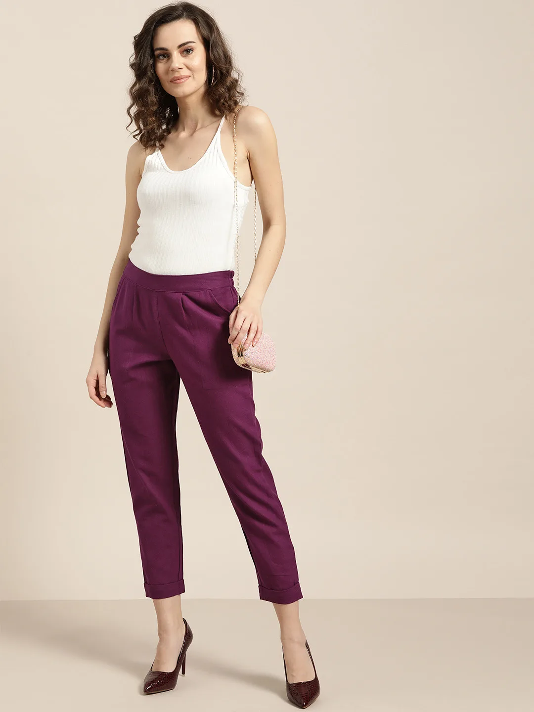 Jaipur Kurti Deep wine-magenta cotton straight trousers