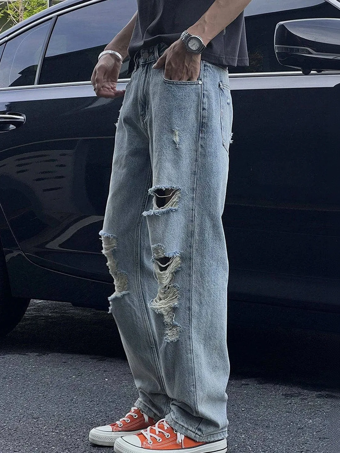 StyleCast Bleached light-wash ripped straight jeans