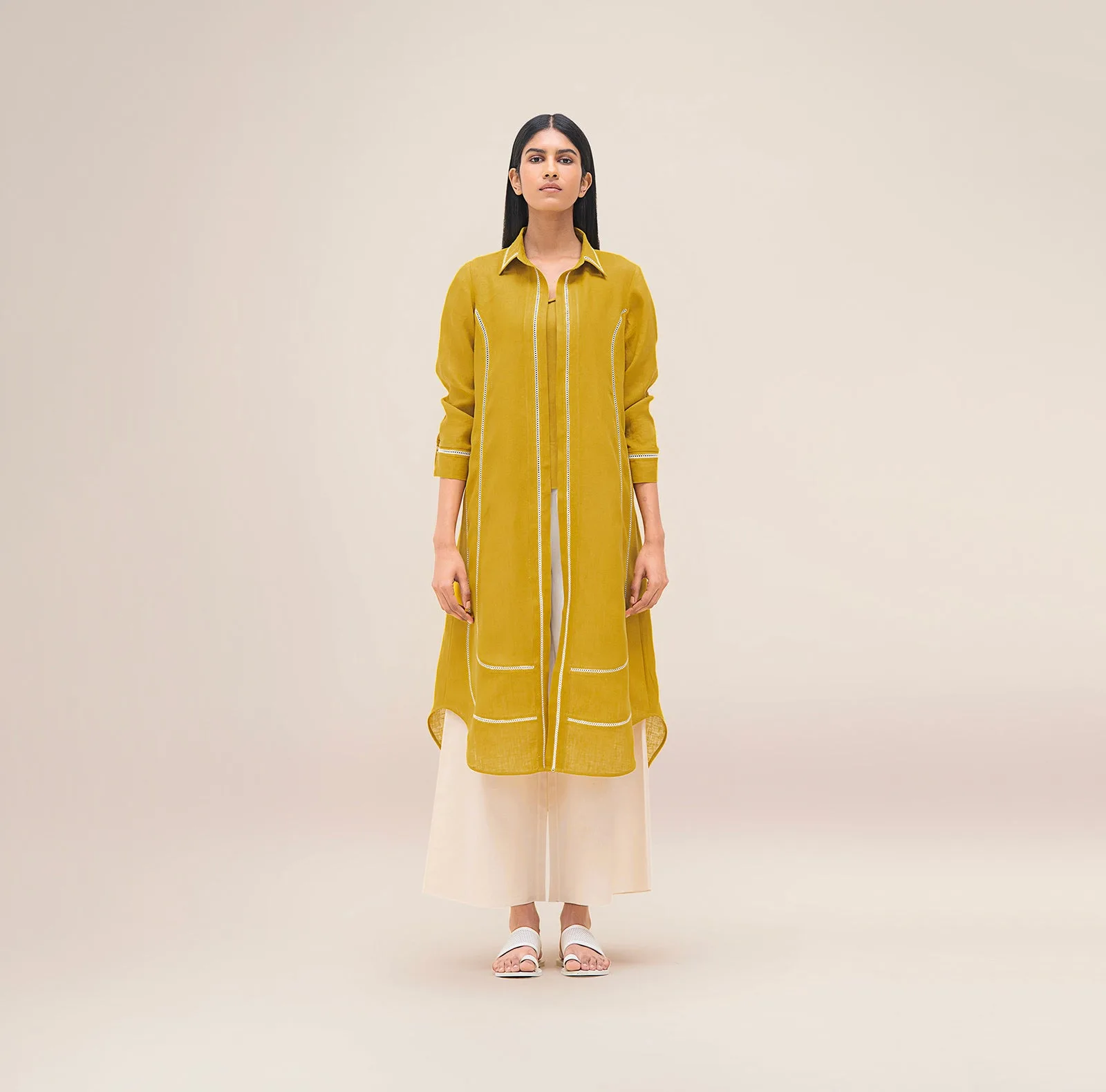 Merula mustard linen tunic set — tunic, inner top and ivory palazzos
