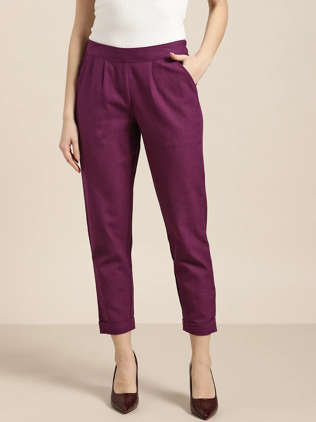 Jaipur Kurti Deep wine-magenta cotton straight trousers