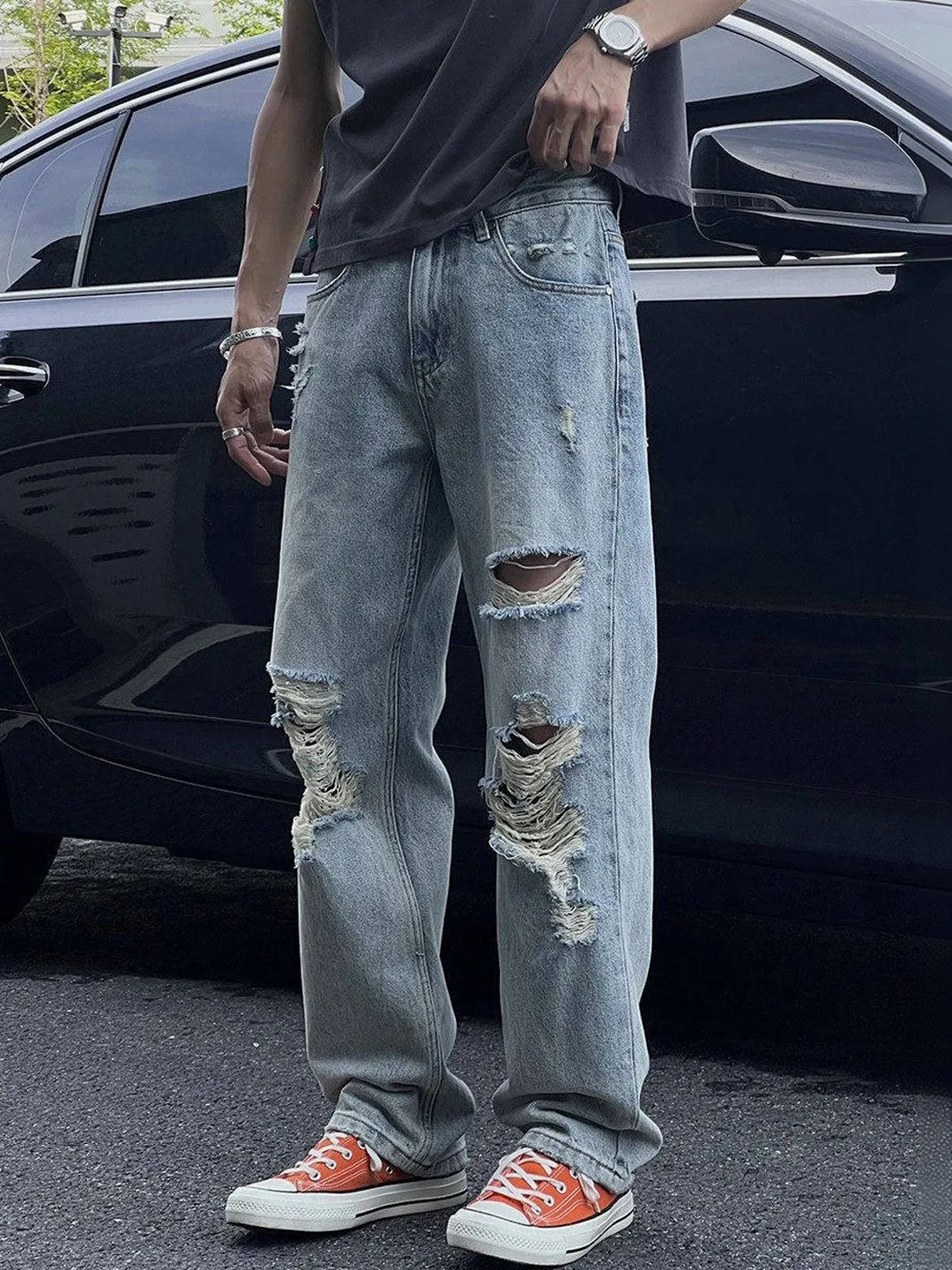 StyleCast Bleached light-wash ripped straight jeans
