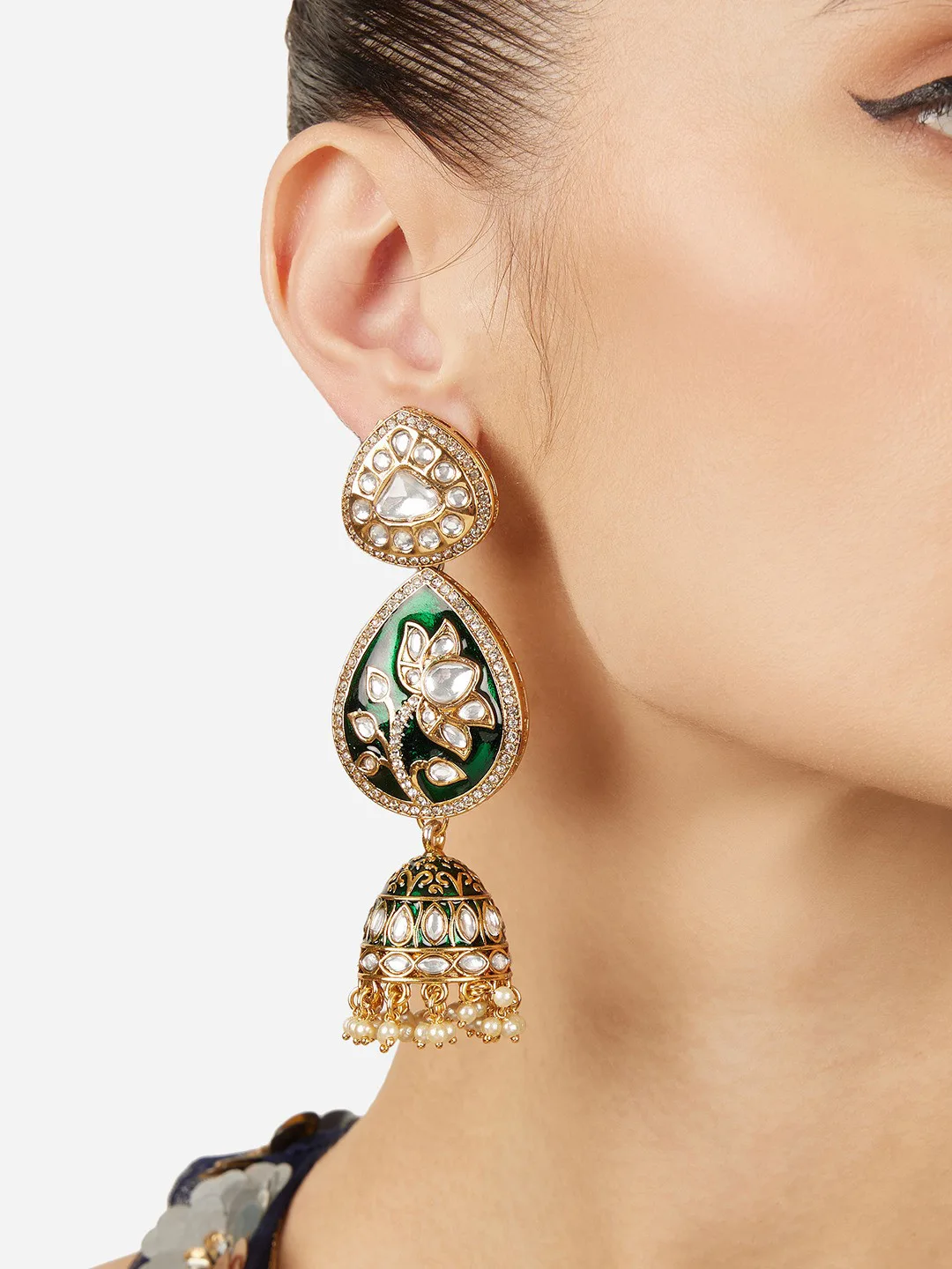 Zaveri Pearls Green stone and kundan dome jhumkas