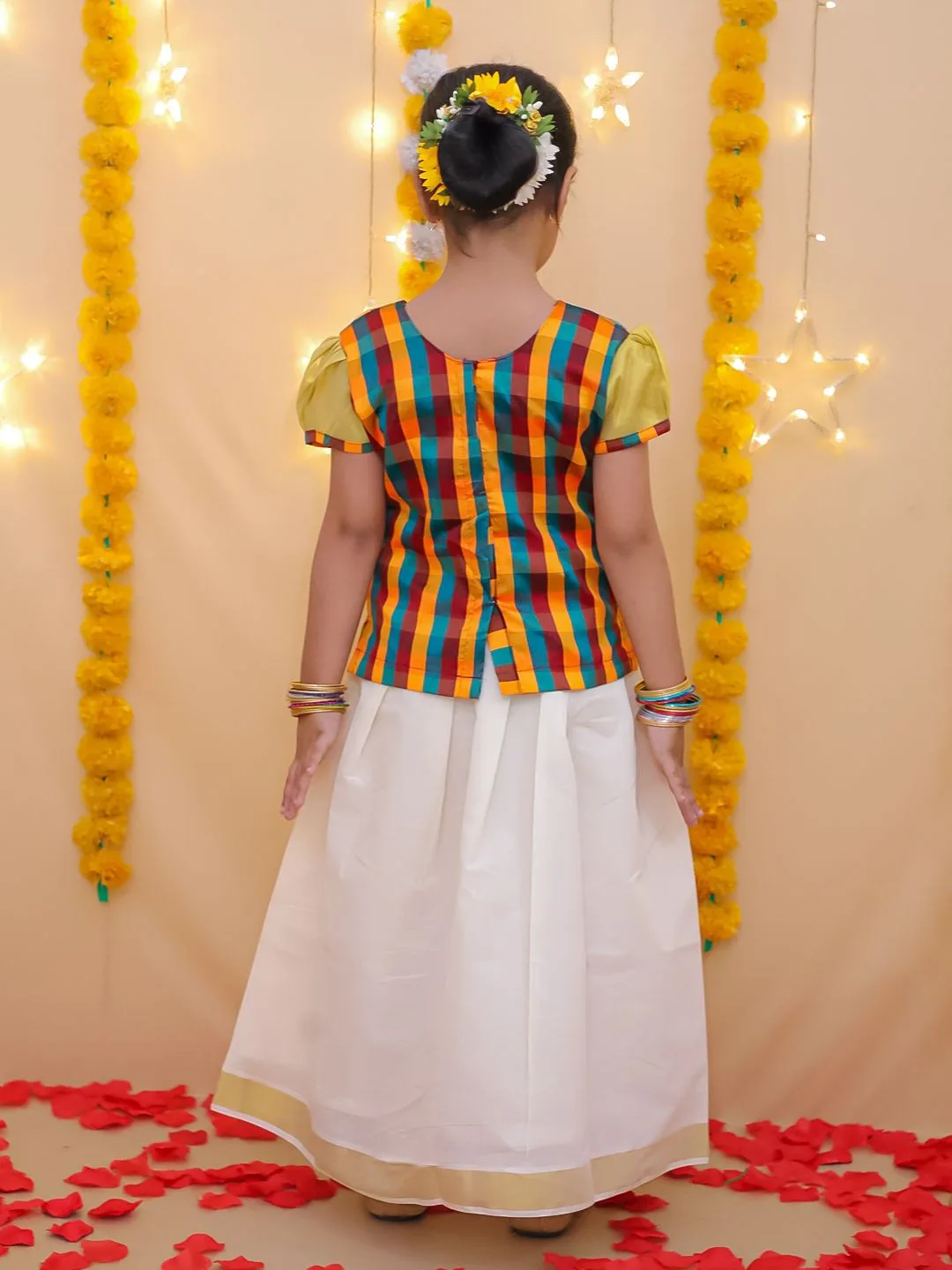 BownBee Multicolour check kasavu pattu pavadai set