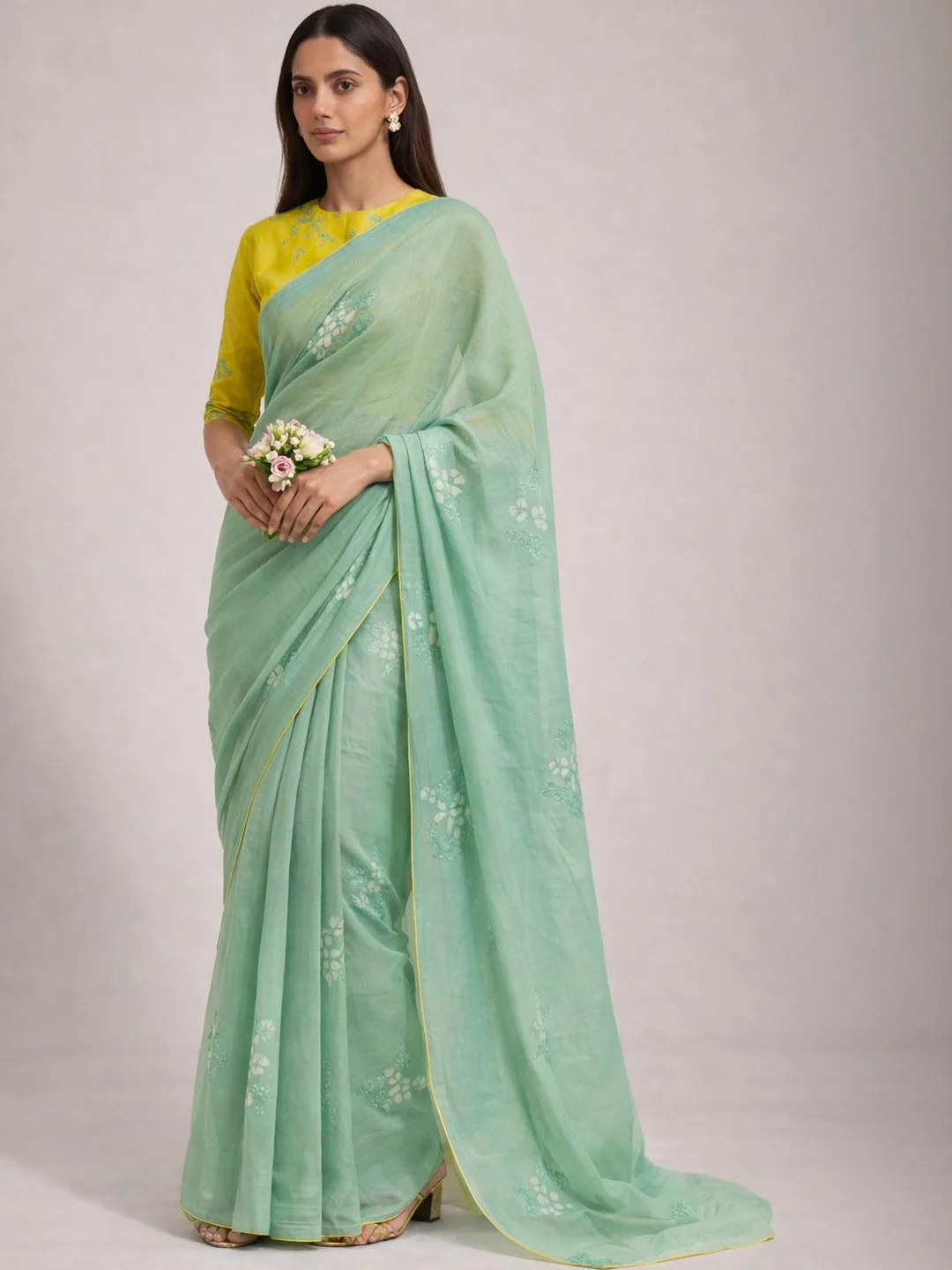 Our pick under ₹1,400 — sheer sea-green pure-cotton saree, blouse piece included