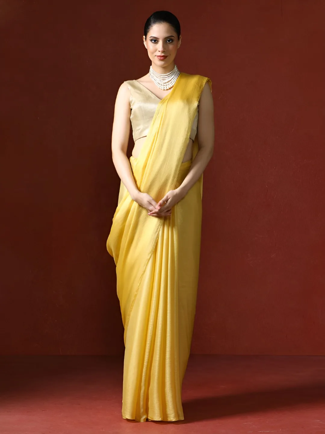 Mitera Plain butter-yellow saree with blouse piece