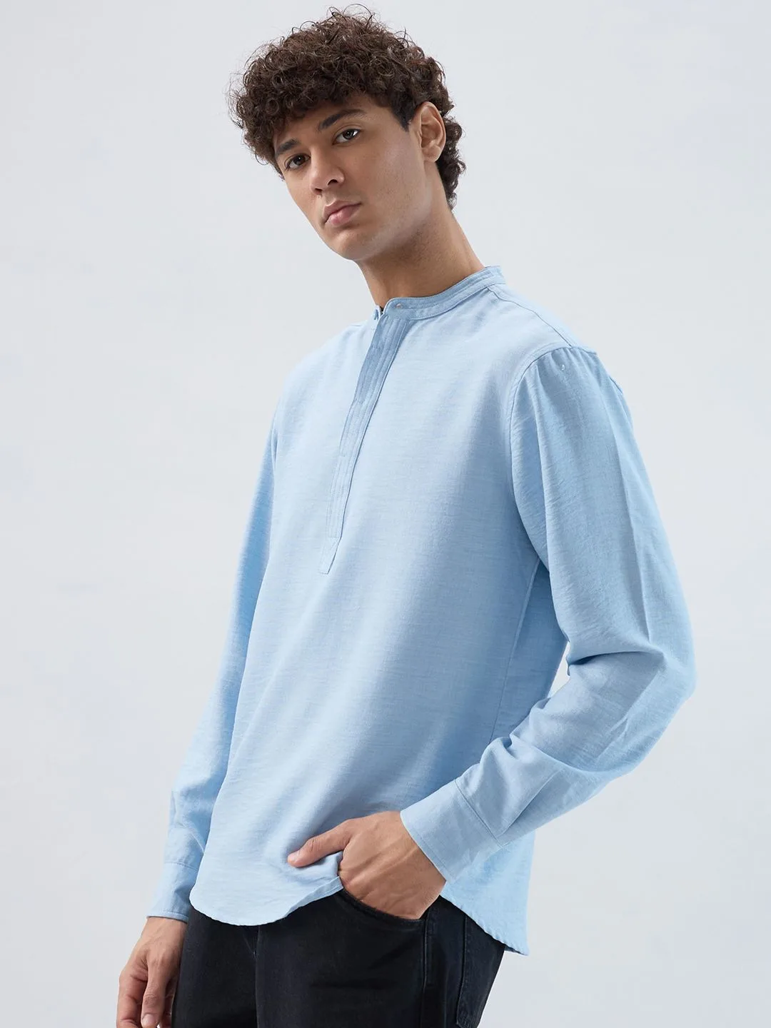 HERE&NOW Slate-blue collarless half-placket shirt