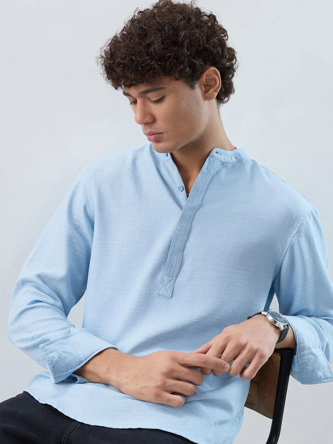 Slate-blue collarless half-placket shirt