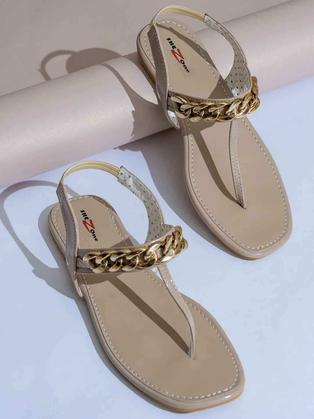 Shezone Cream chain-trim flat sandals