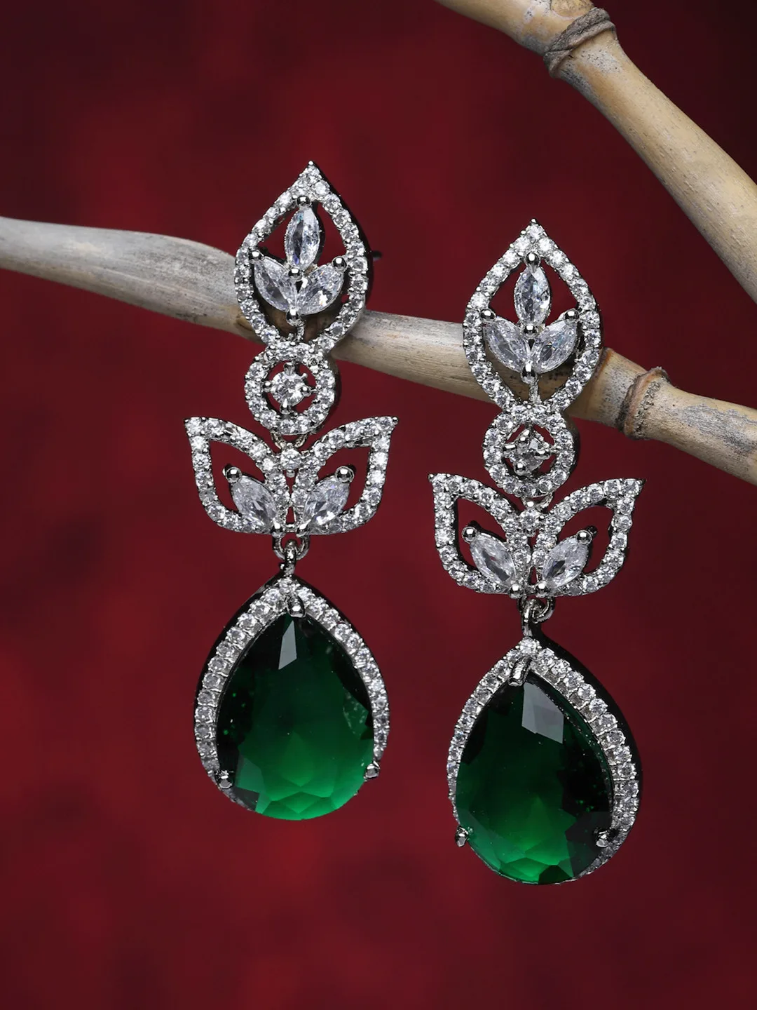 ZENEME Silver-toned emerald-green drop earrings