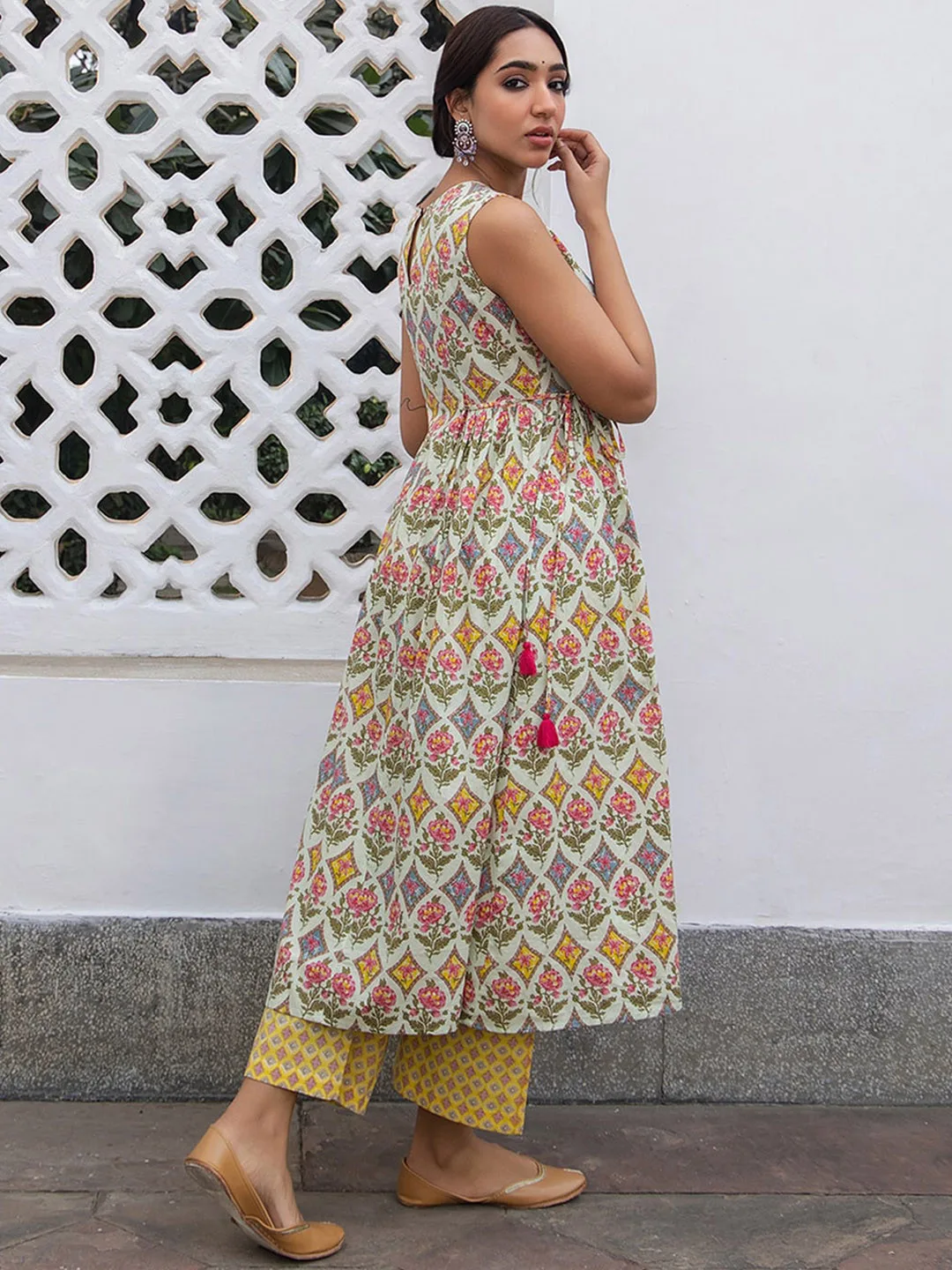 Janasya Sage ethnic-motif pleated A-line kurta with matching trousers