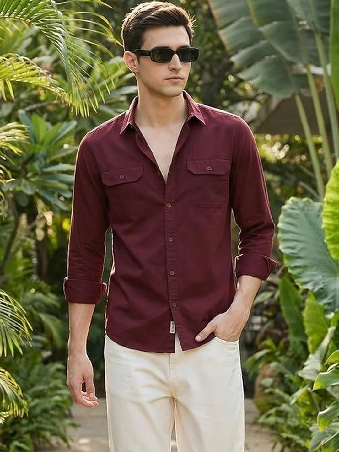 INDOPRIMO Rose-maroon double flap-pocket casual shirt