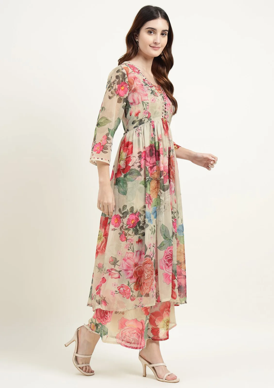 Zari Jaipur Printed Chiffon Kurta — the three-piece set, with palazzo and dupatta