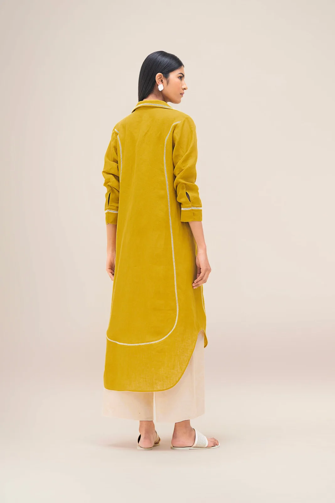 AM:PM Merula mustard linen tunic set — tunic, inner top and ivory palazzos