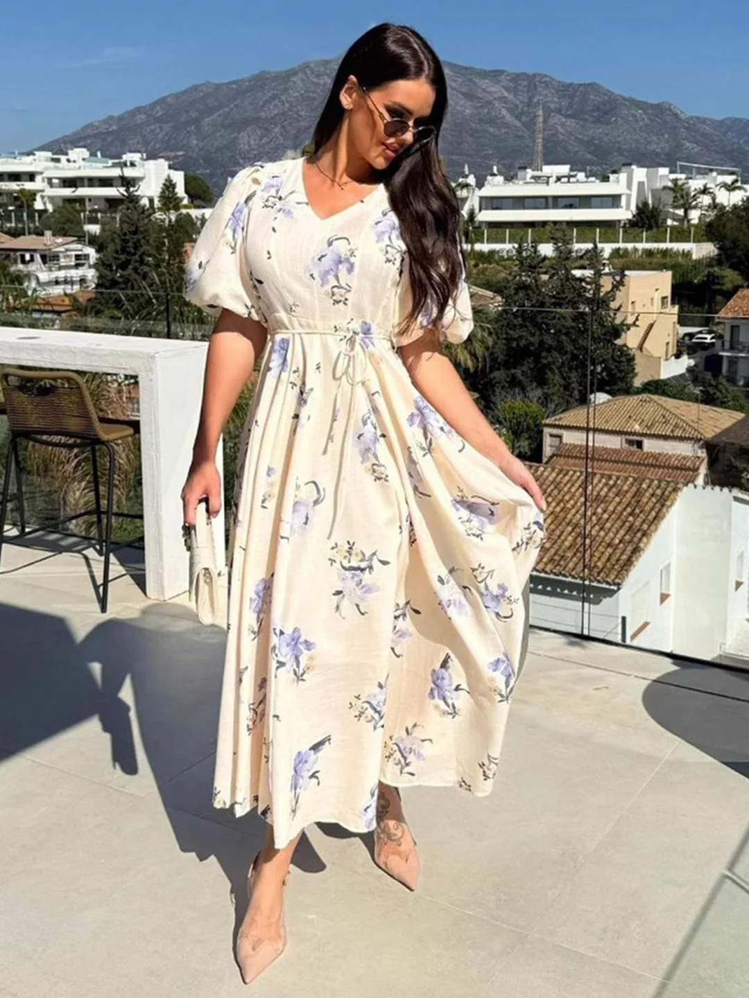 Mast & Harbour Cream midi dress with blue watercolour blooms