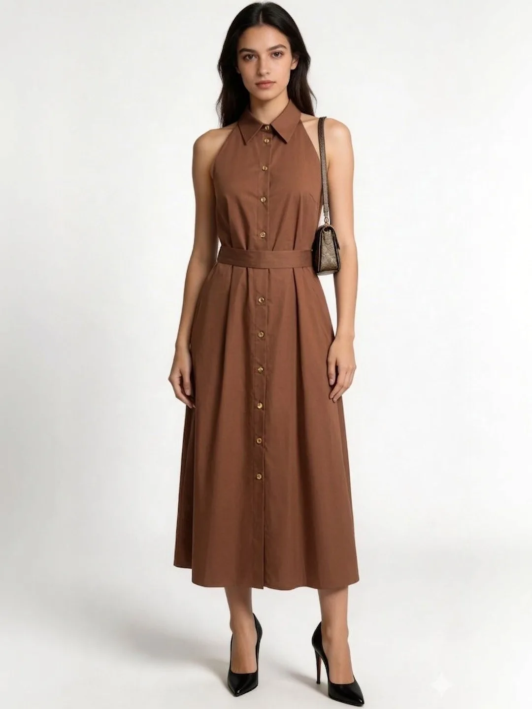 Chemistry Chocolate button-through belted A-line midi dress