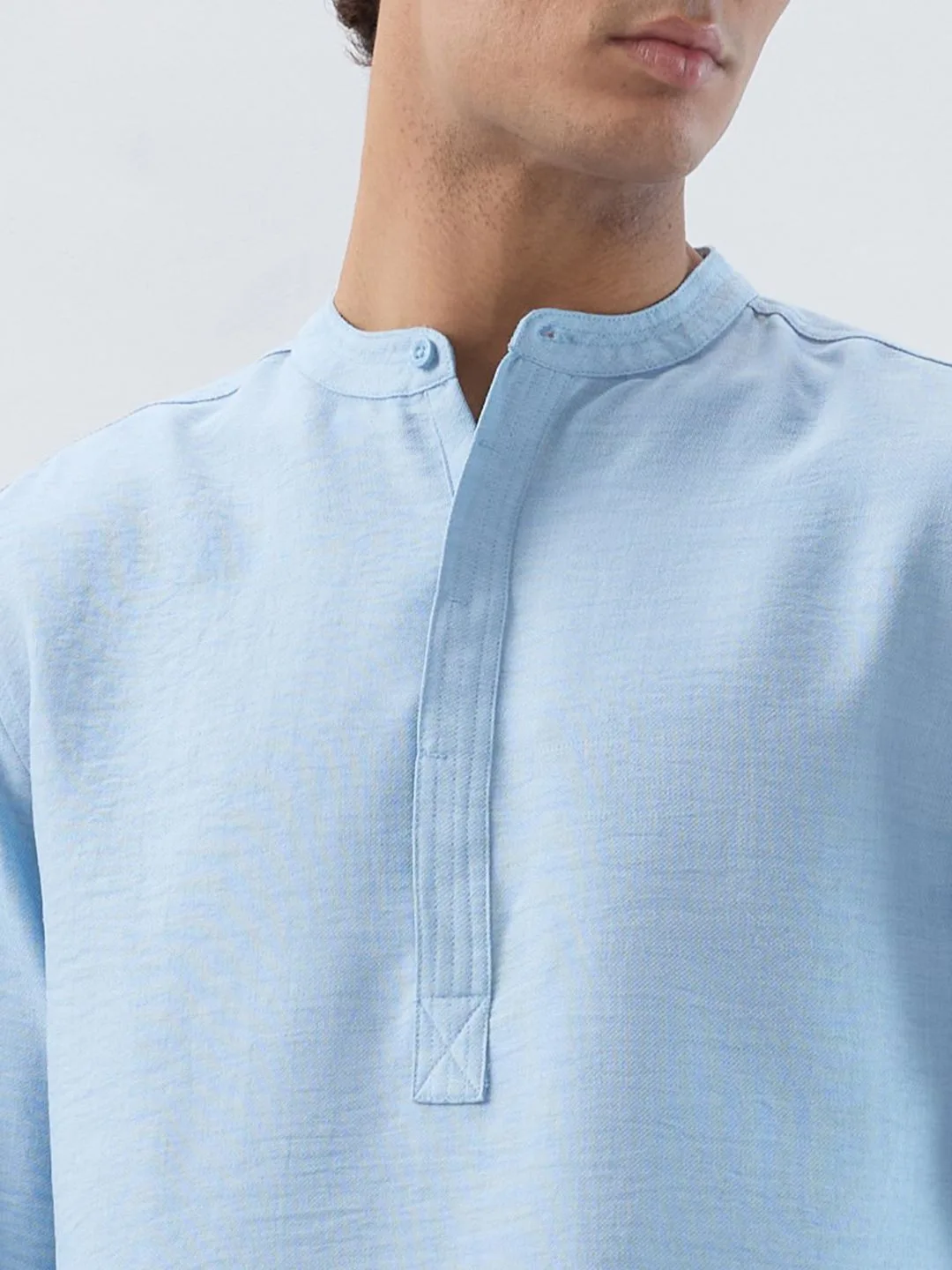 HERE&NOW Slate-blue collarless half-placket shirt