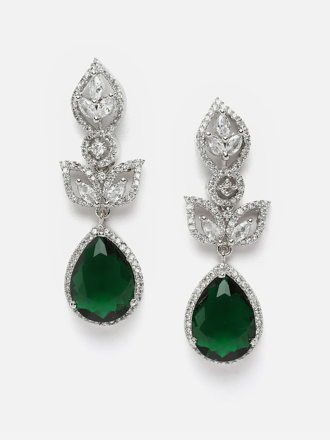 ZENEME Silver-toned emerald-green drop earrings