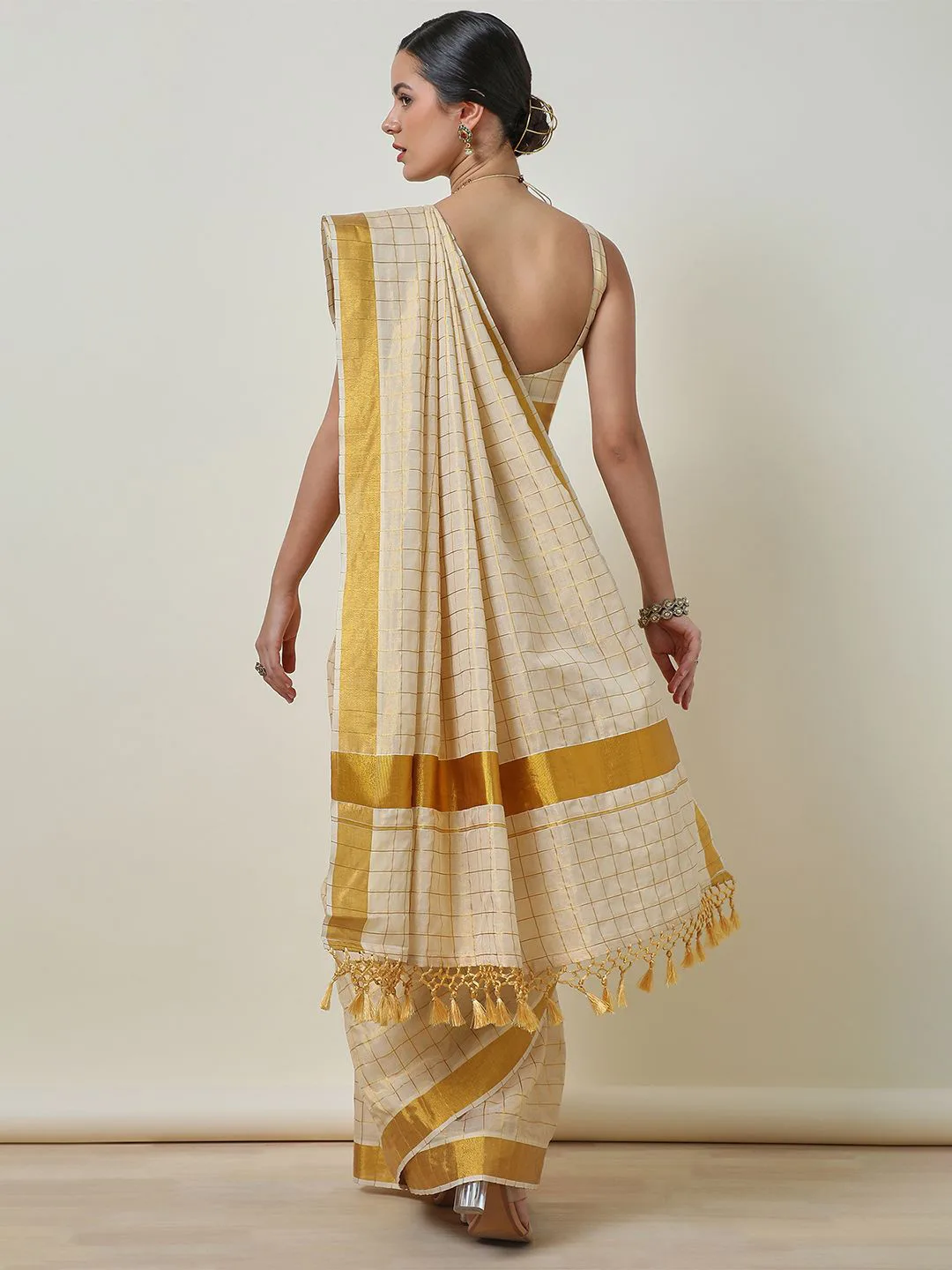 Soch Ivory gold-check kasavu tissue saree