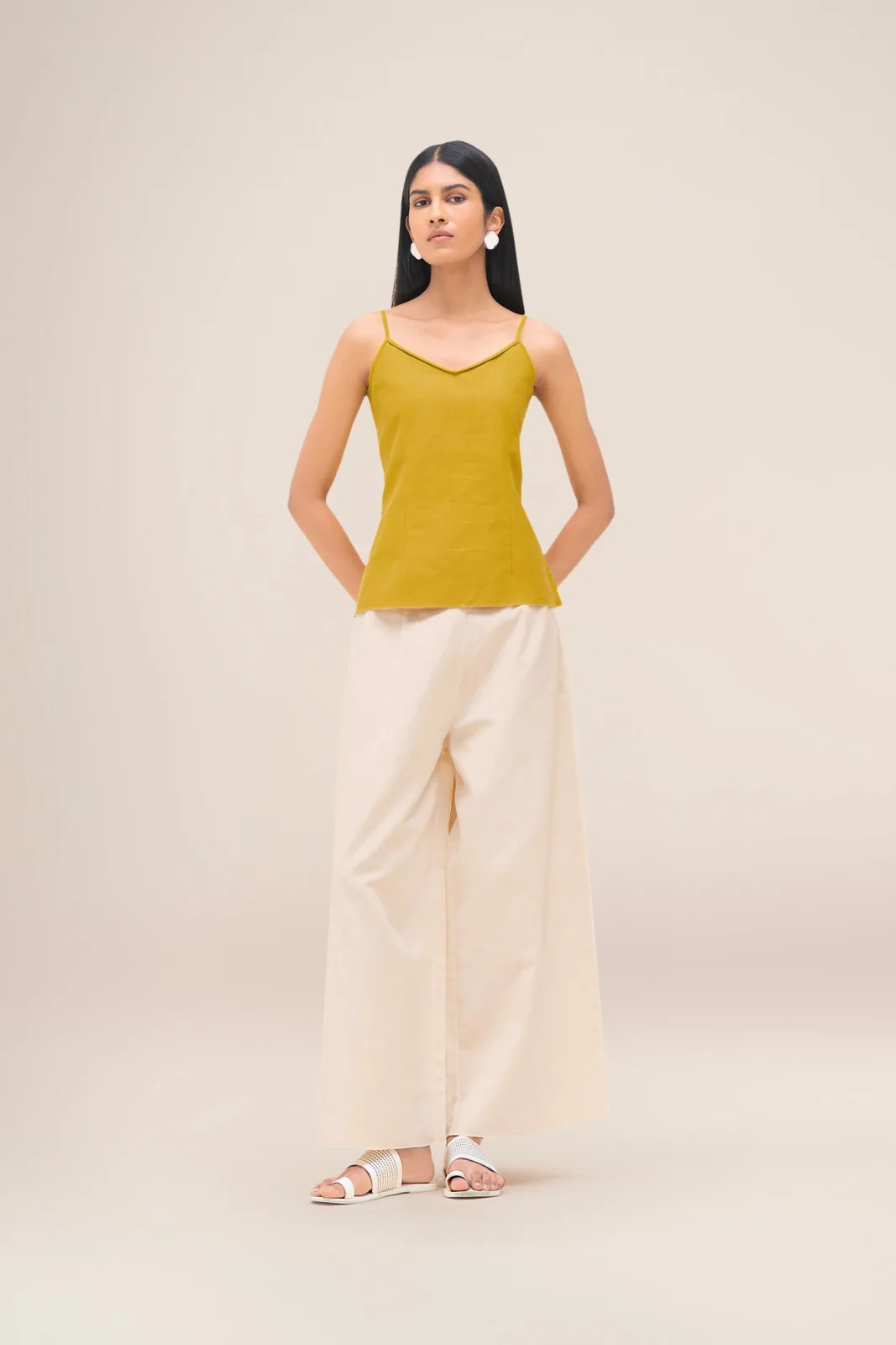 AM:PM Merula mustard linen tunic set — tunic, inner top and ivory palazzos