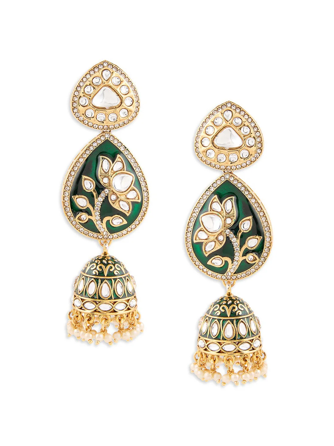 Zaveri Pearls Green stone and kundan dome jhumkas