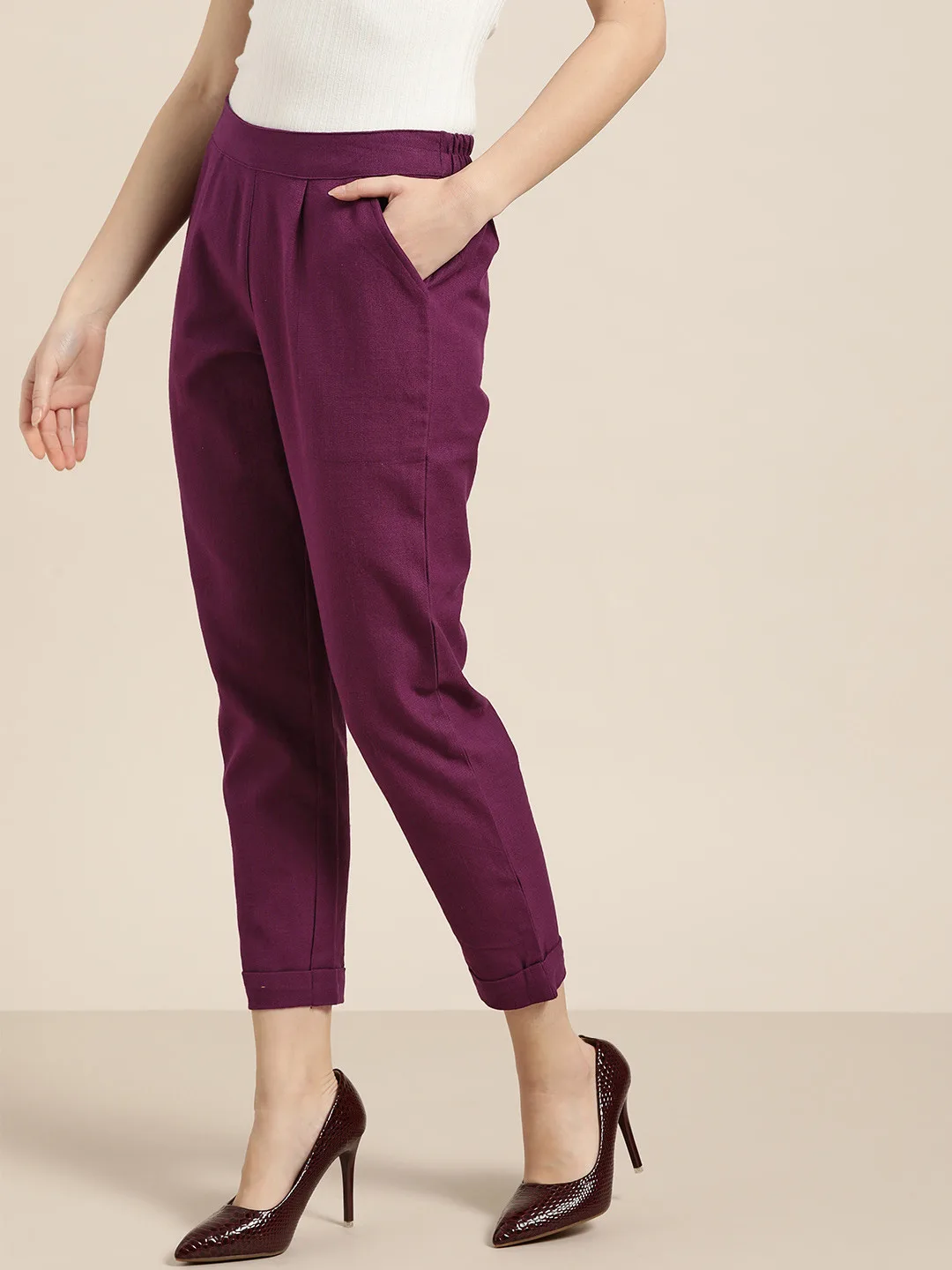 Jaipur Kurti Deep wine-magenta cotton straight trousers