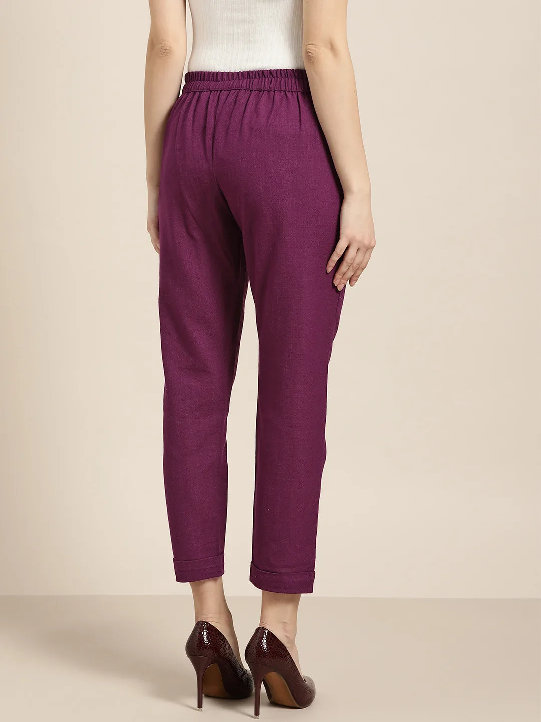 Jaipur Kurti Deep wine-magenta cotton straight trousers