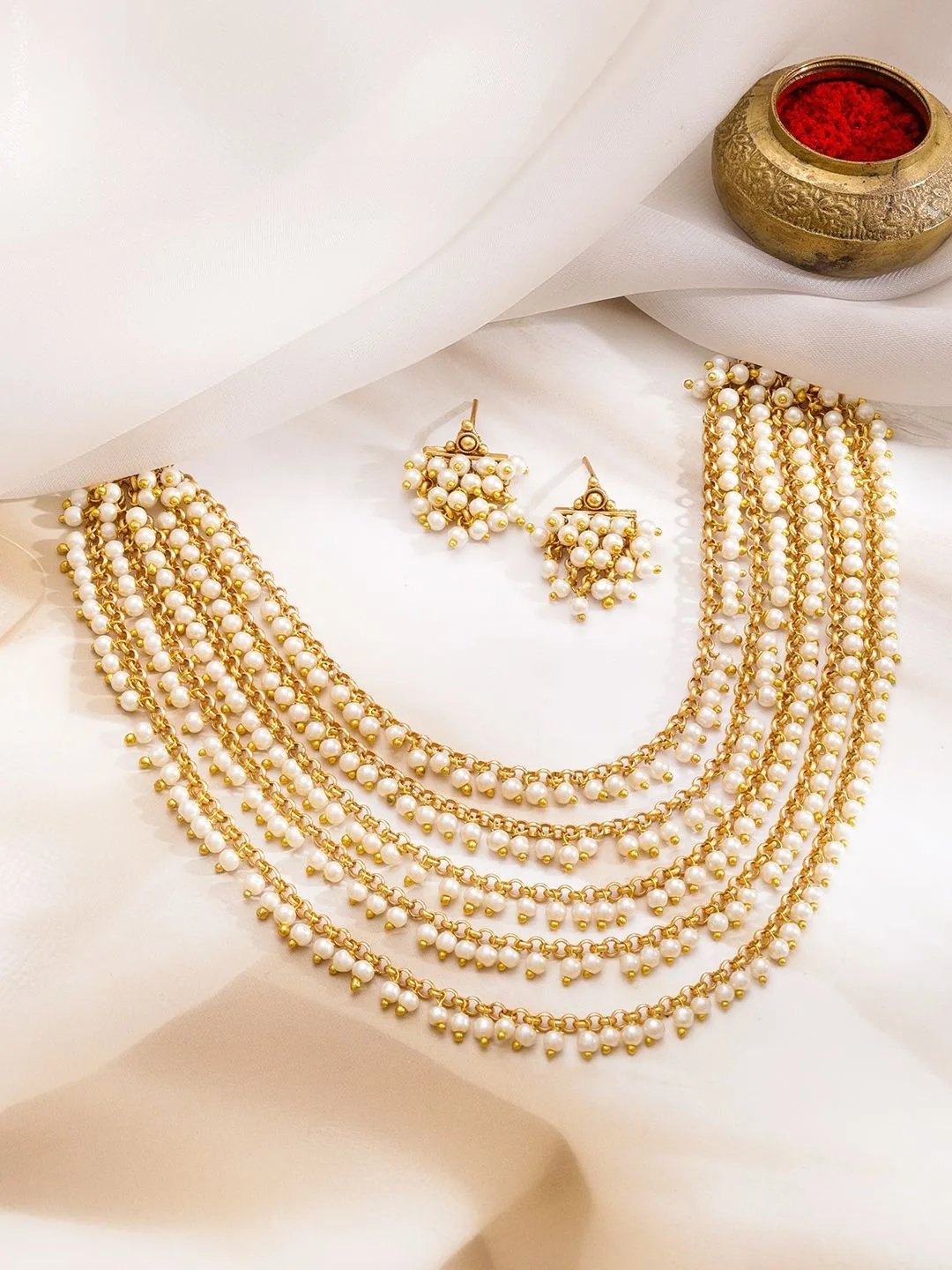 Rubans Seven-strand gold-and-pearl multi-layer necklace with earrings