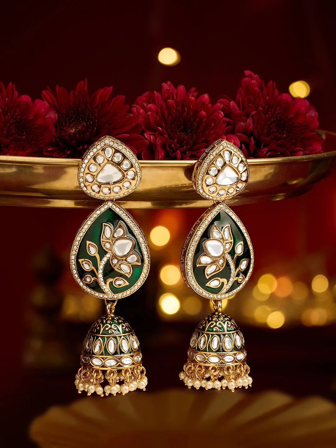 Zaveri Pearls Green stone and kundan dome jhumkas