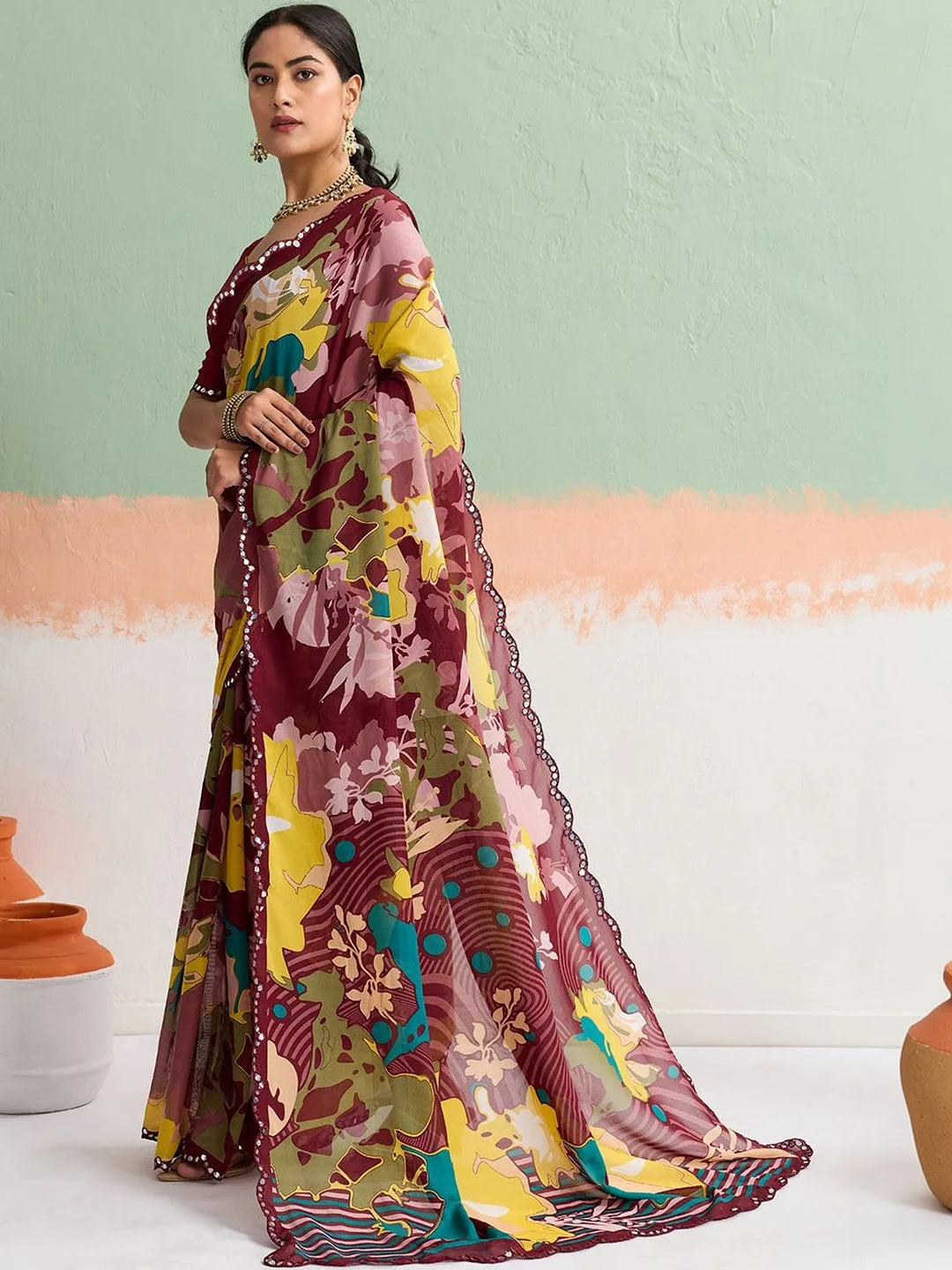 Moda Rapido Wine printed georgette saree