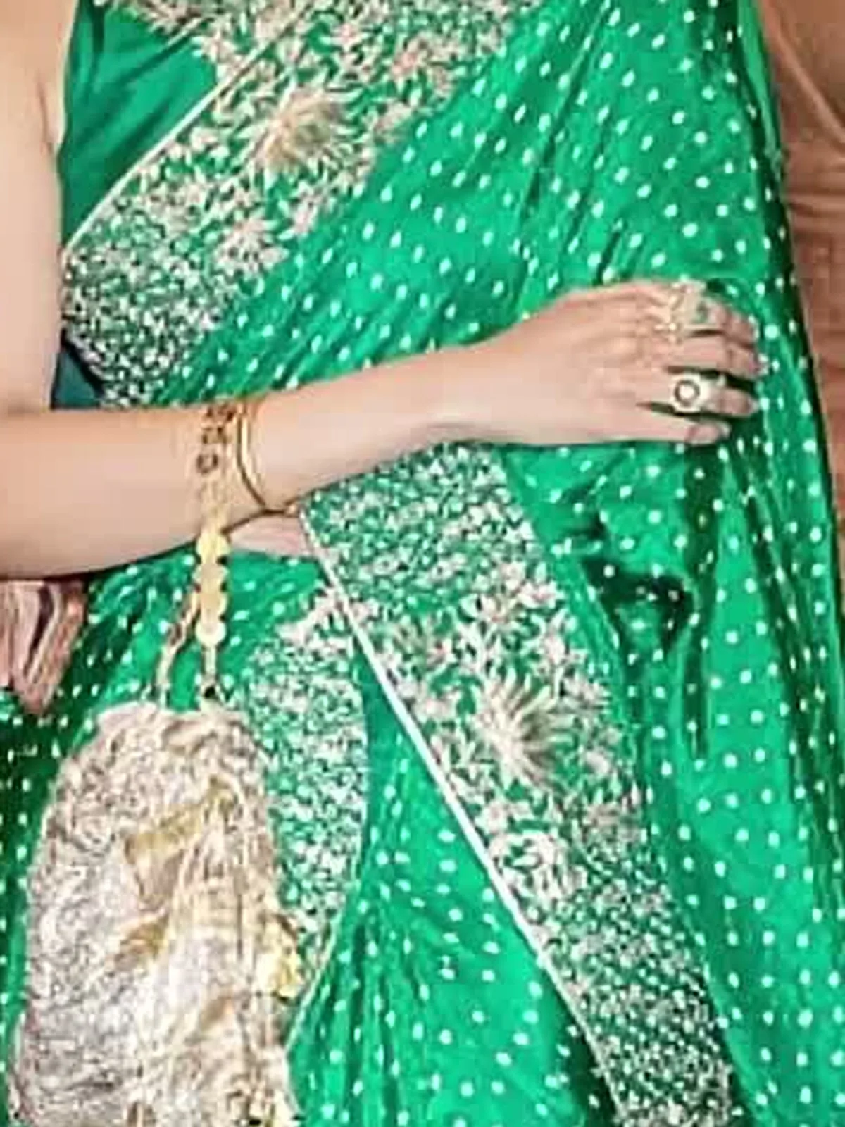 Kalyani Priyadarshan — The border up close — gold zari peacocks and lotuses on the white-dotted green