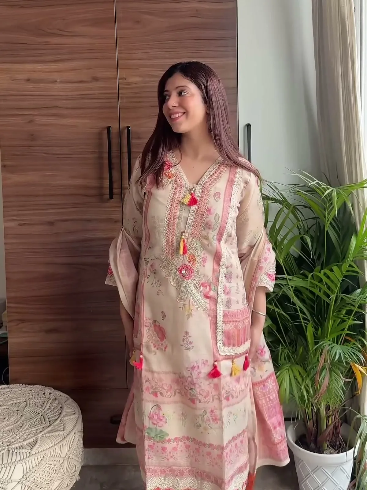 Manika Dhingra — Front on, dupatta over one shoulder: the printed border at the hem