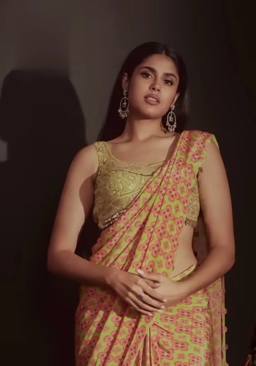 The lime green floral pre-draped saree — Faria Abdullah