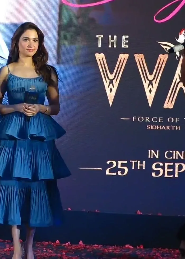 Tamannaah Bhatia — Standing, front on — how little there is above the waist and how much below it