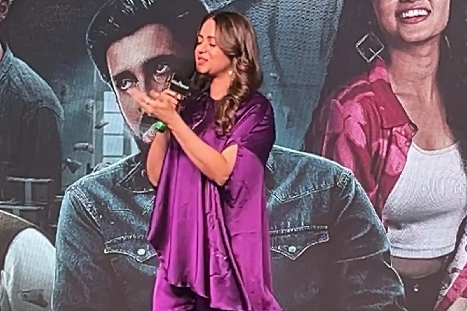 Bhavana — Side on — the wide leg of the trousers and the second beaded flower low on the leg