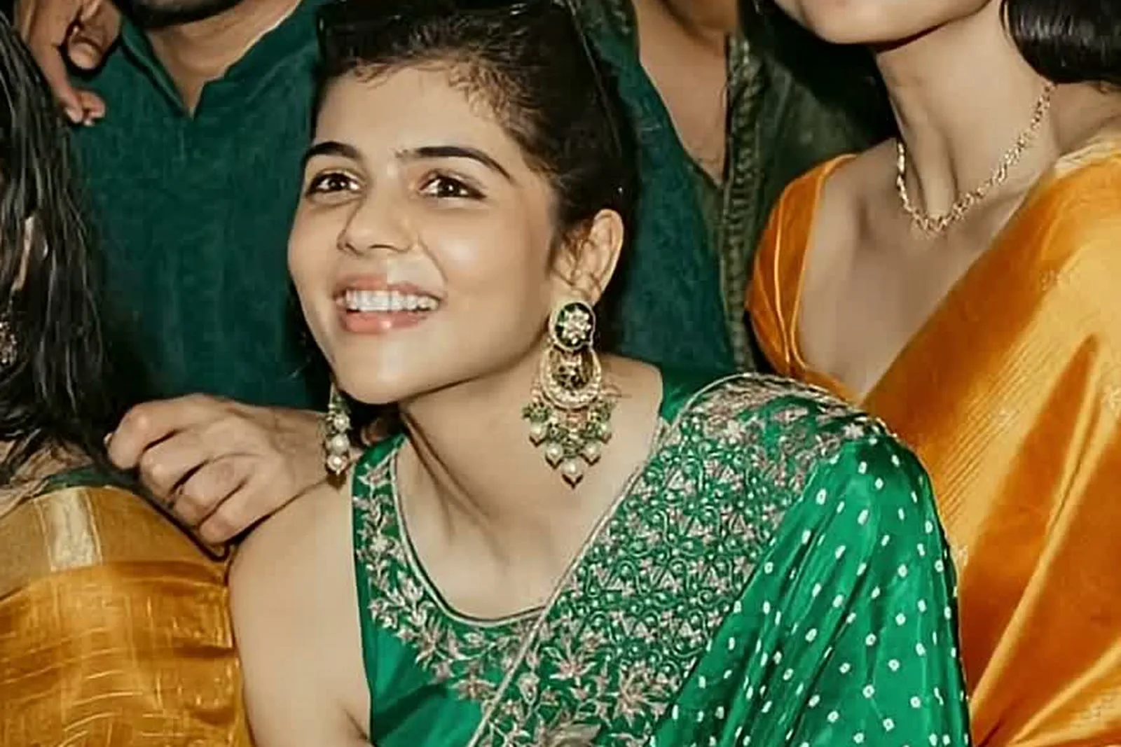 Kalyani Priyadarshan — After dark with friends — the embroidery running up the neckline