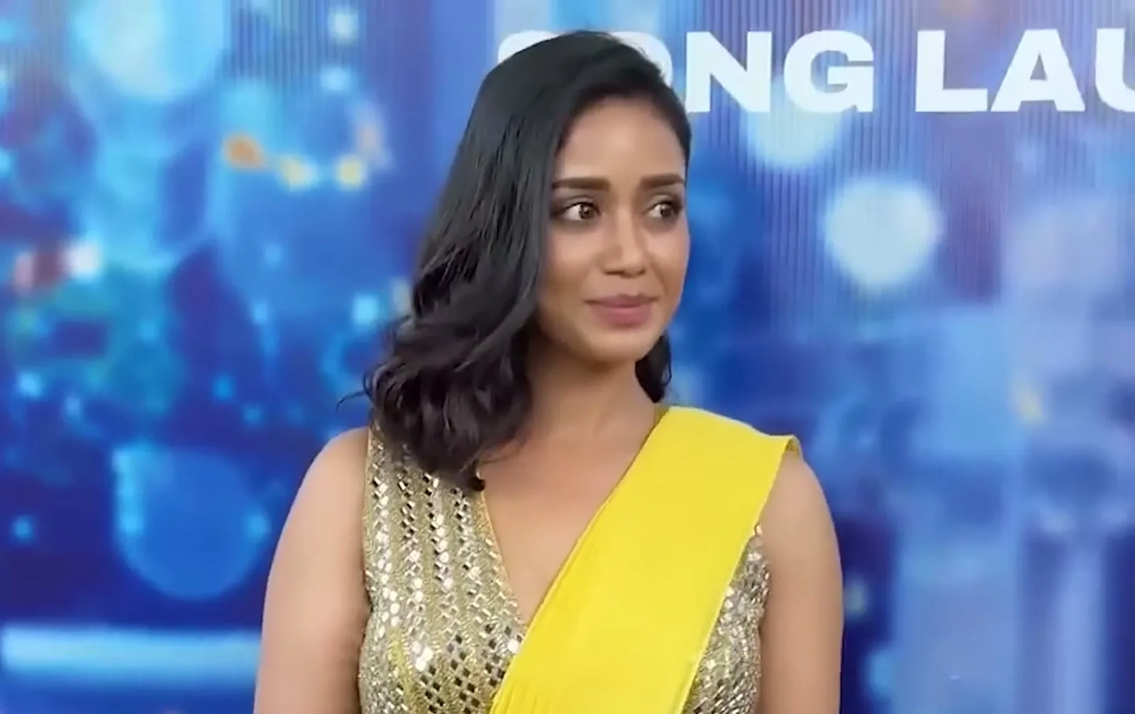 Nivetha Pethuraj — At the launch, the pallu over the left shoulder