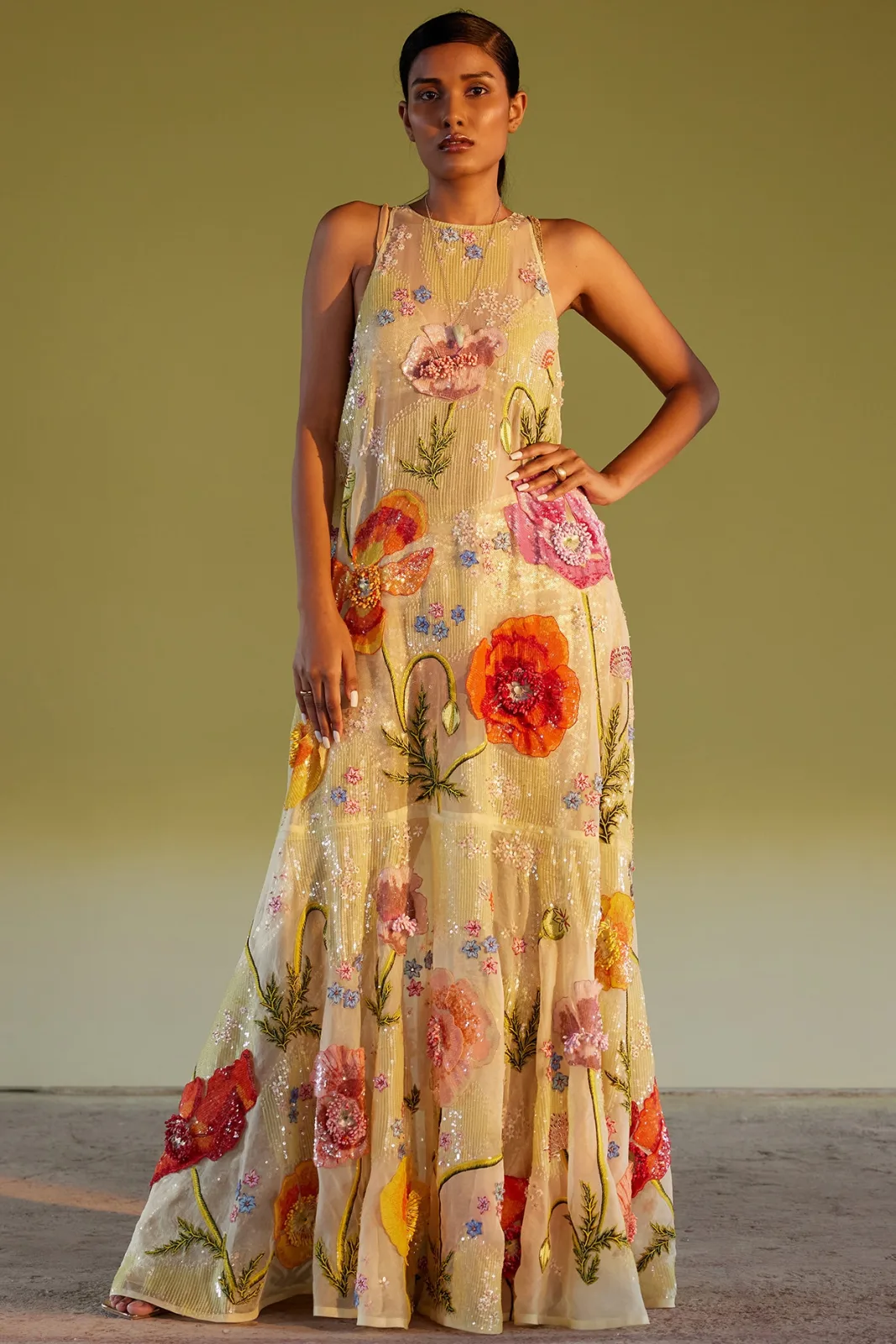 Yellow silk organza & tulle hand-embroidered gown