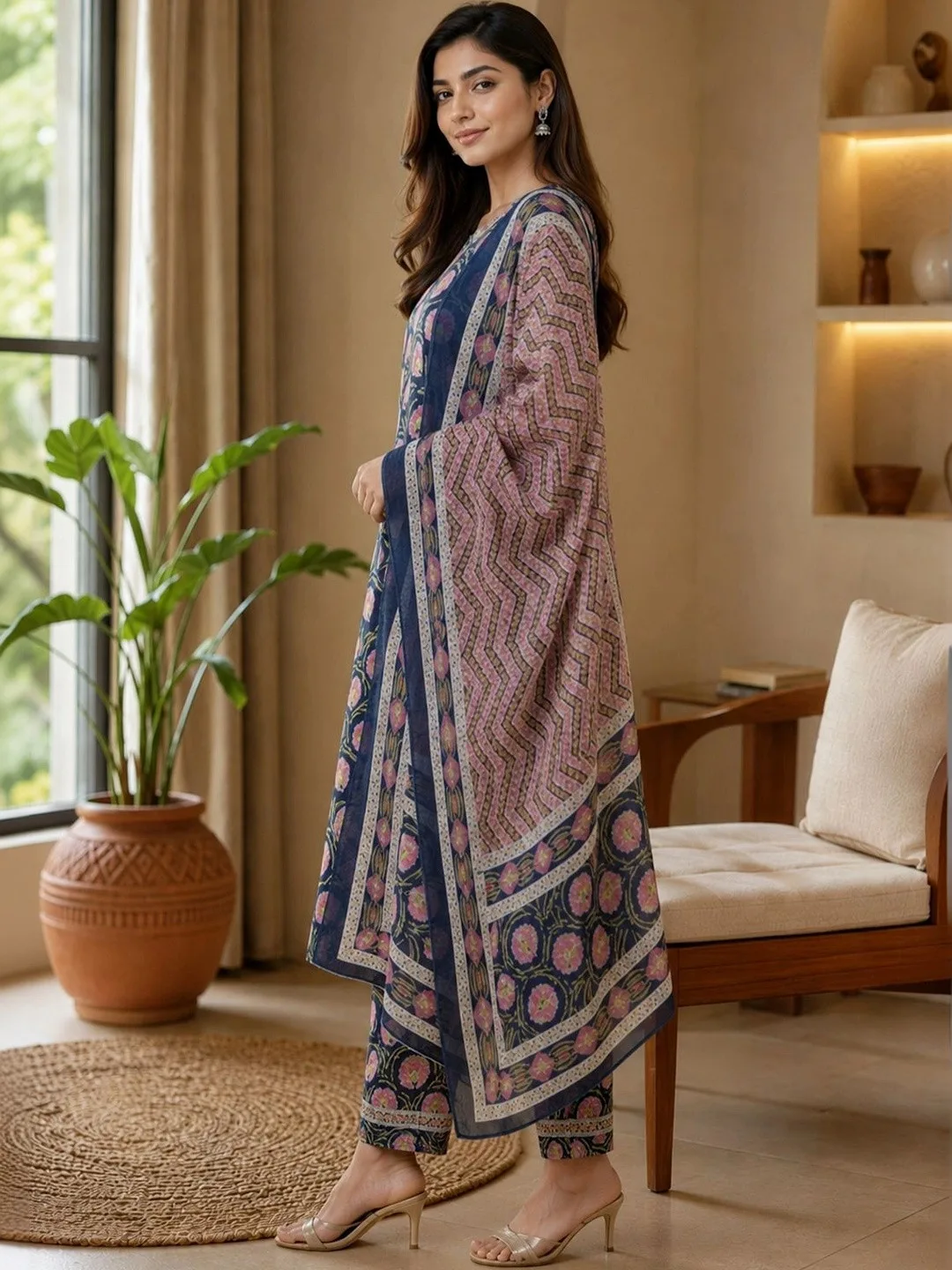 Bunai Our pick under ₹2,000 — navy floral kurta with trousers and rose dupatta